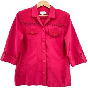 VTG Nancy Bolen City Girl Pink Button Up Jacket Pique Trim Rhinestone SZ 6 USA